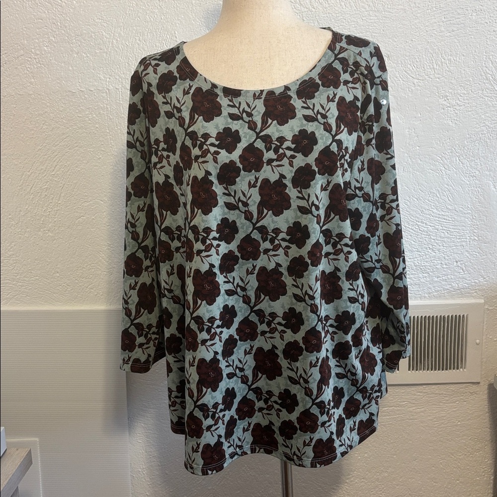 Zac & Rachel Floral  Print Blouse Three Quarter Sleeve Brown Teal